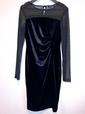 Black Collection Black Velvet Mesh Polka Dot Cocktail Dress Sheer Sleeve 16x39
